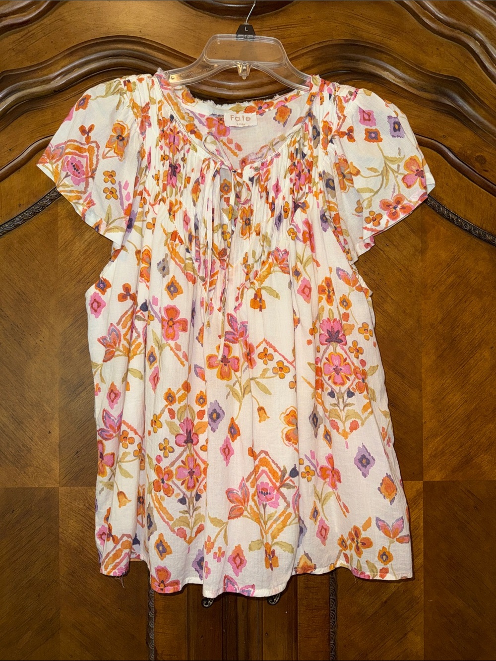 Fate White Floral Pintuck Flutter-Sleeve Blouse — Pink & Orange & Purple